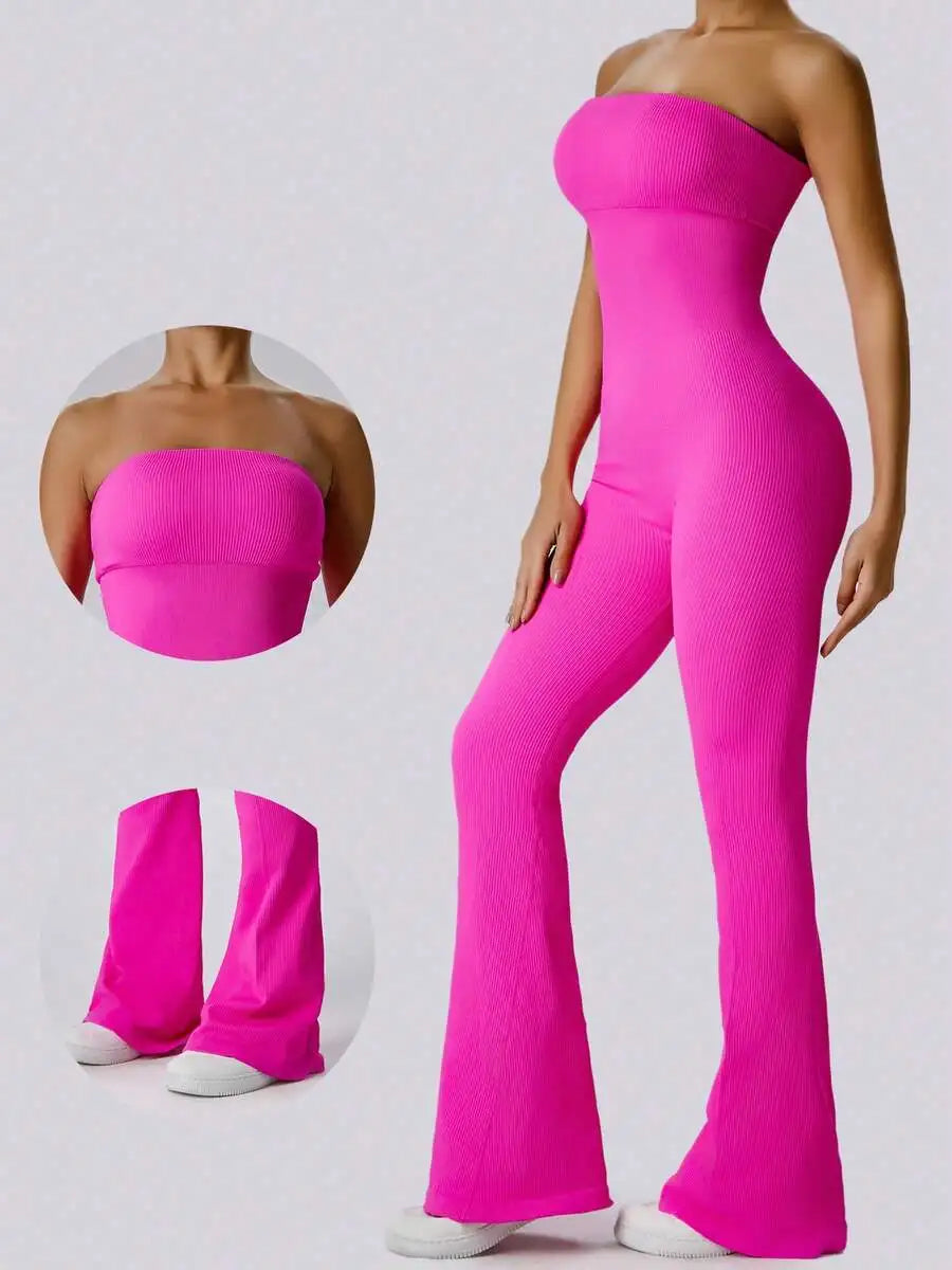 Solid Color Seamless Tube Top Bodysuit - Slimming Jumpsuit Stretch Flare Pants