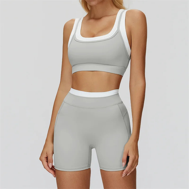 Gym Shorts Sets Tracksuit - Two Fake Pieces Contrasting Color