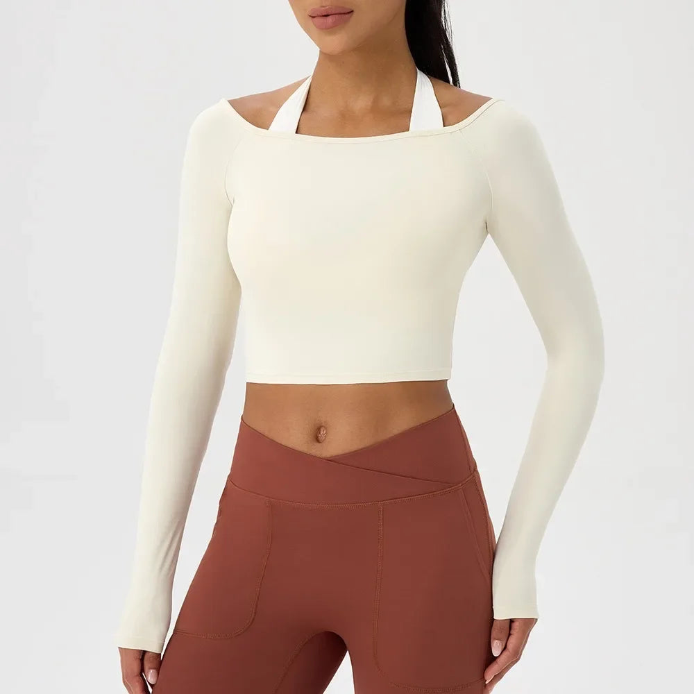Long Sleeve T-Shirt for Women - Off Shoulder, Sexy Tight Gym Workout Top