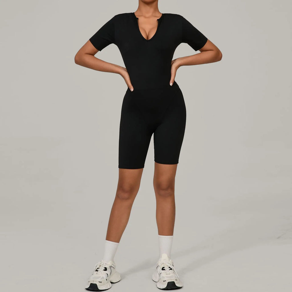 One-piece Yoga Suit U Collar Short Sleeve Fitness Jumpsuit