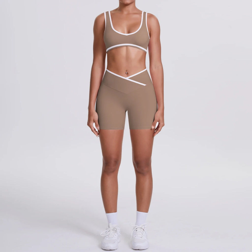 New Yoga Bra Fitness Shorts Set - High Waist Crossover Design