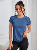 Solid Color Round Neck Short Sleeve Raglan T-Shirt Breathable Gym Top
