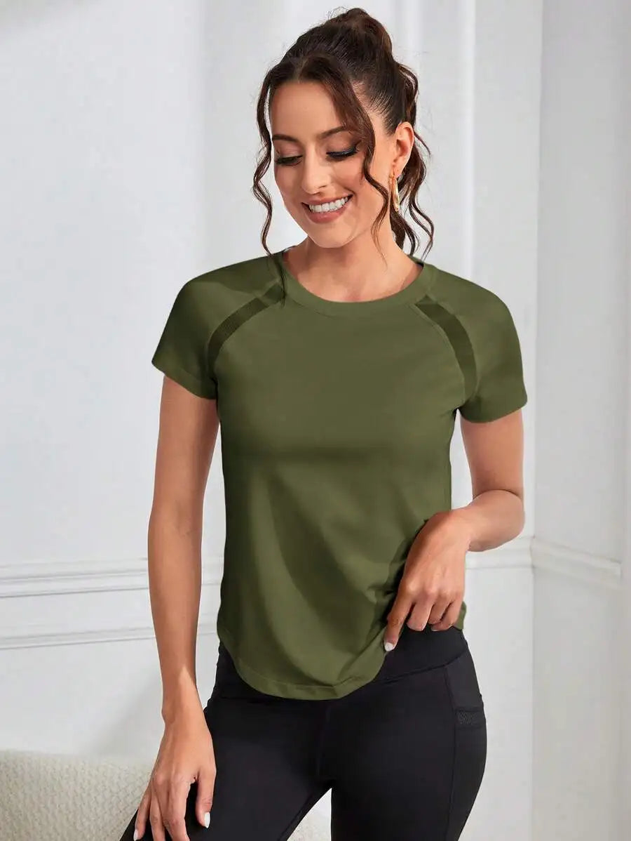 Solid Color Round Neck Short Sleeve Raglan T-Shirt Breathable Gym Top