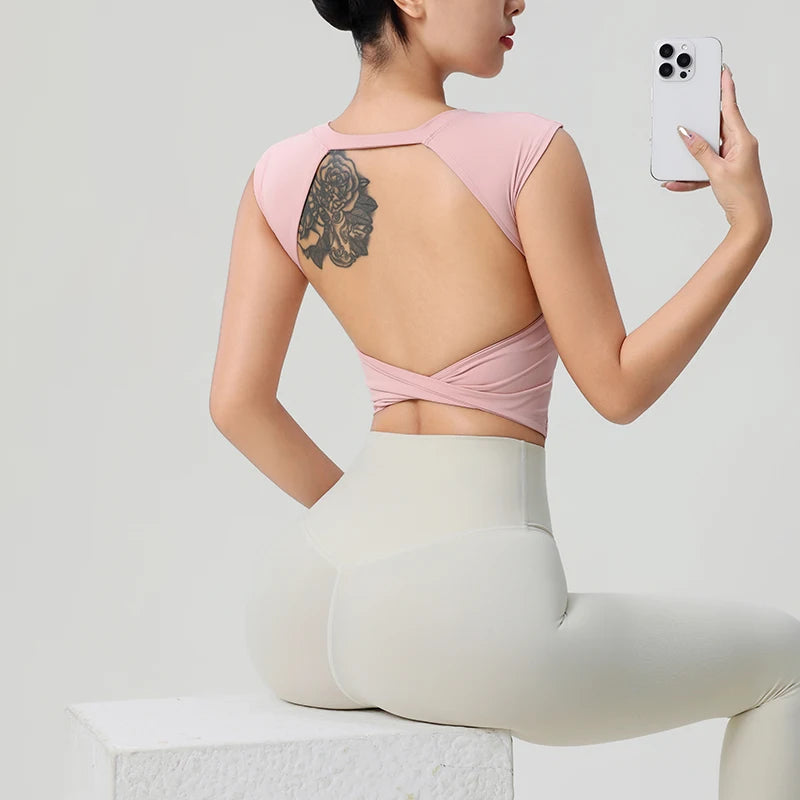 Backless Fitness with Fixed Chest Pad - Short Sleeve T-Shirt Yoga Wear