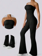 Solid Color Seamless Tube Top Bodysuit - Slimming Jumpsuit Stretch Flare Pants