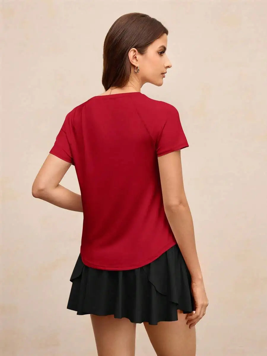 Solid Color Round Neck Short Sleeve Raglan T-Shirt Breathable Gym Top