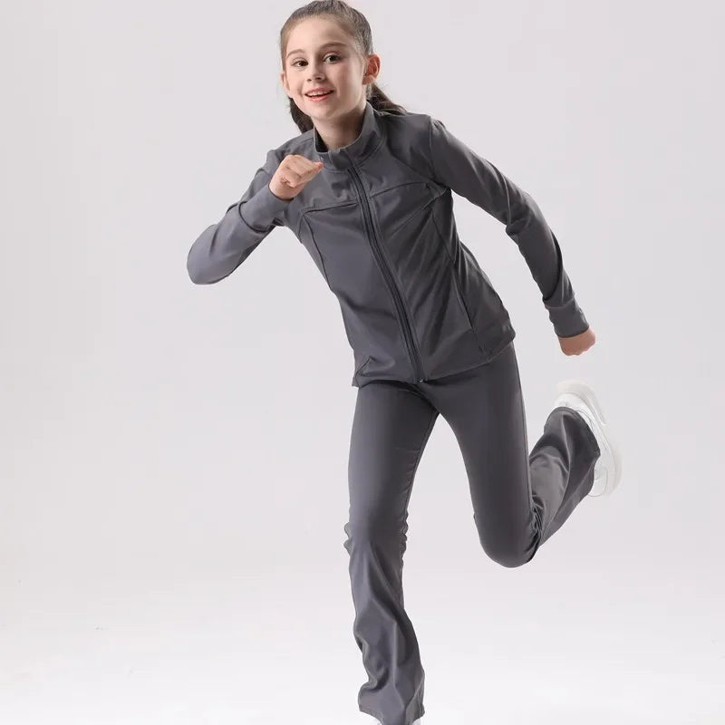 Kids' UV Protection Yoga Set European & American Style Long Sleeve Workout Outfit - Breathable Solid Color Sportswear for Girls