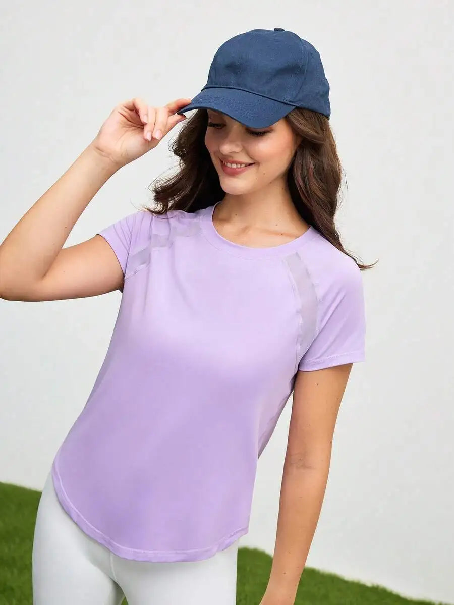 Solid Color Round Neck Short Sleeve Raglan T-Shirt Breathable Gym Top