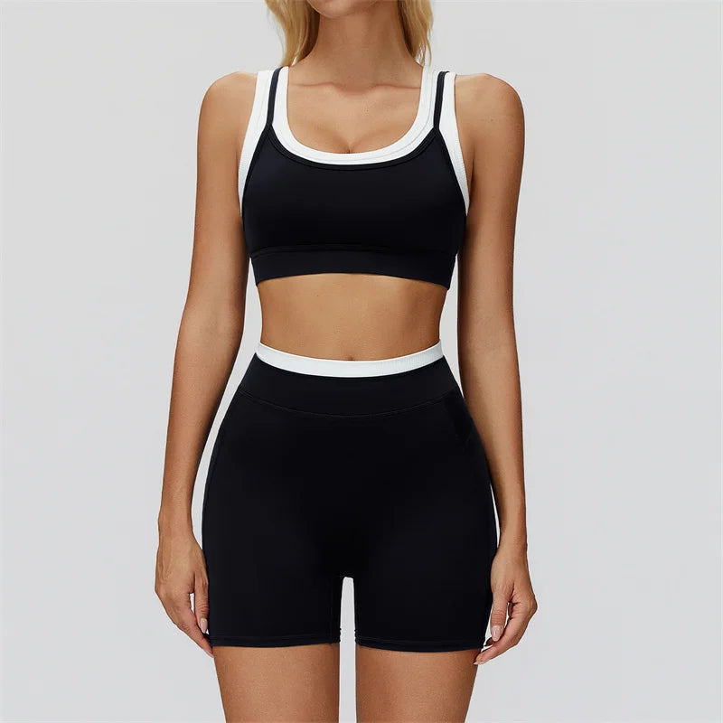 Gym Shorts Sets Tracksuit - Two Fake Pieces Contrasting Color