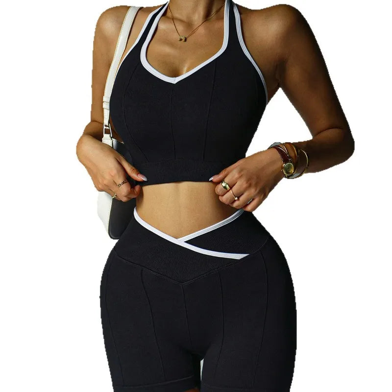 Athletic Set - Cross Waist Sports Leggings & Butt Lifting Shorts