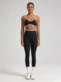 2Pcs Contrast Trim Yoga Outfit - Spaghetti Strap Sports Bra High Waist Leggings