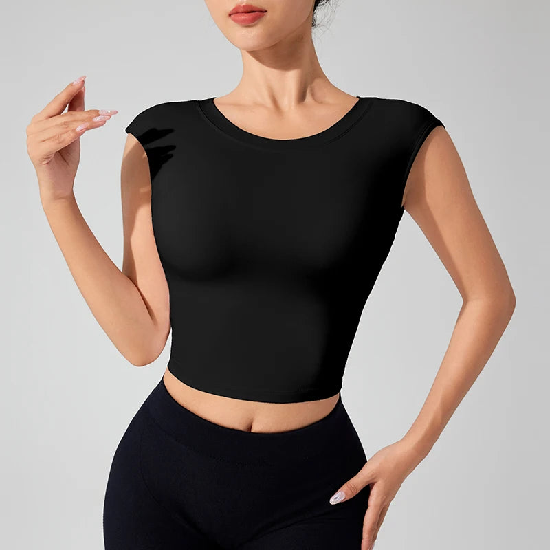 Backless Fitness with Fixed Chest Pad - Short Sleeve T-Shirt Yoga Wear