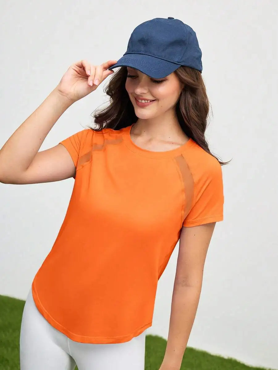 Solid Color Round Neck Short Sleeve Raglan T-Shirt Breathable Gym Top