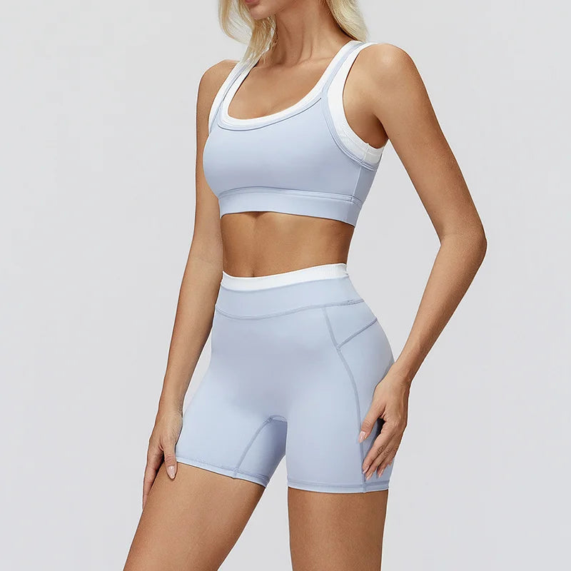 Gym Shorts Sets Tracksuit - Two Fake Pieces Contrasting Color