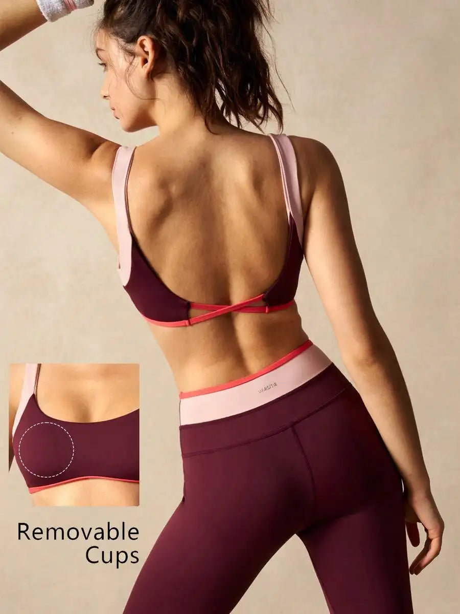 Color-Blocked Backless Sports Bra And Leggings Set