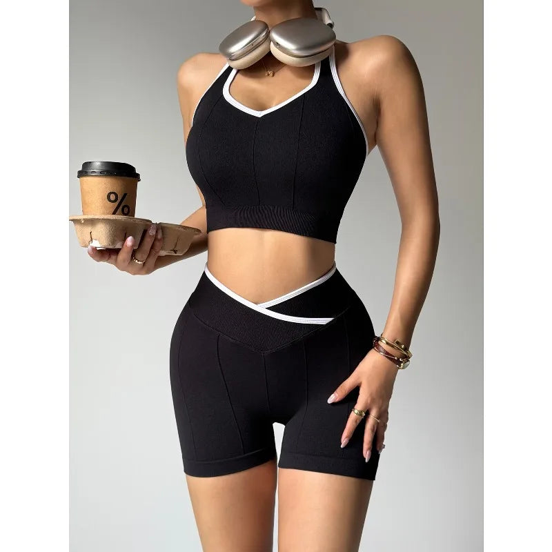 Athletic Set - Cross Waist Sports Leggings & Butt Lifting Shorts