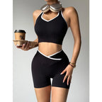 Athletic Set - Cross Waist Sports Leggings & Butt Lifting Shorts