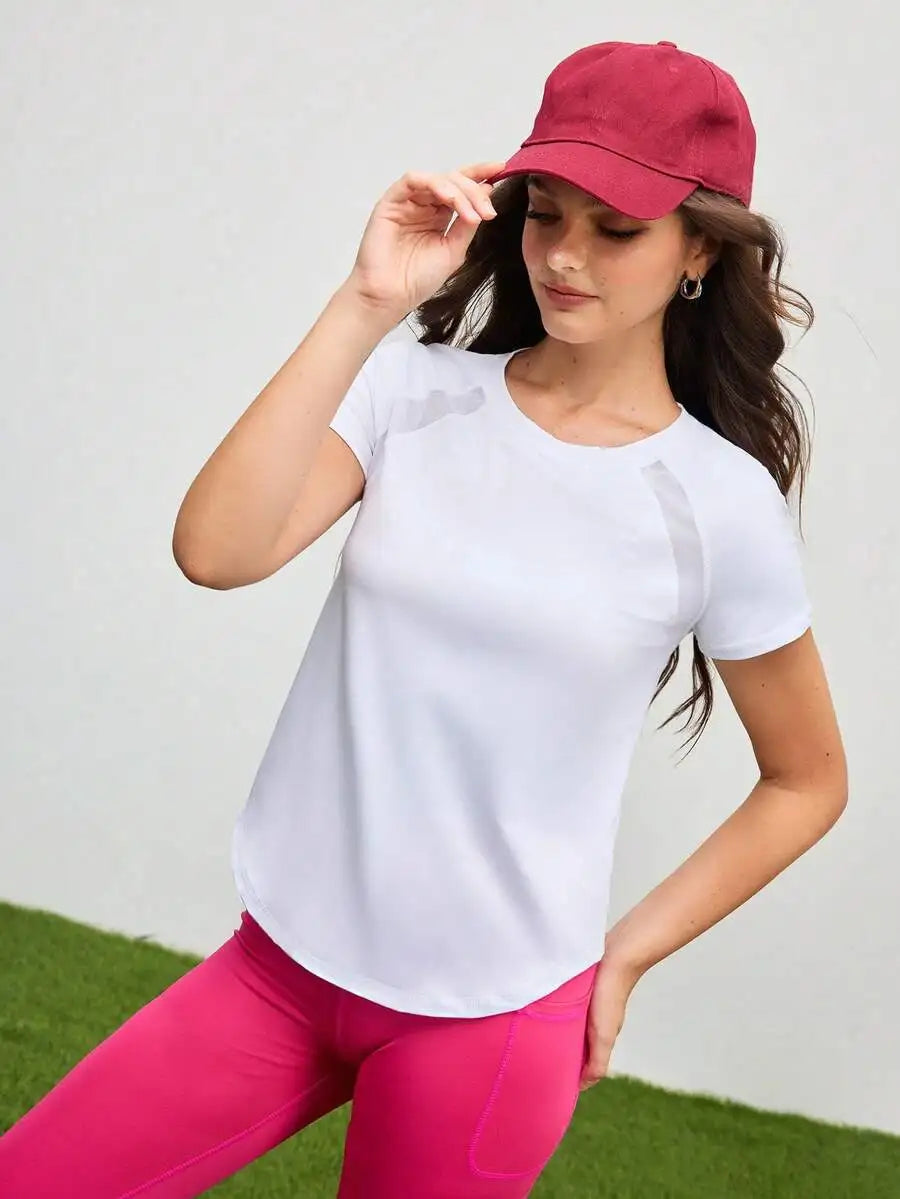 Solid Color Round Neck Short Sleeve Raglan T-Shirt Breathable Gym Top