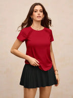 Solid Color Round Neck Short Sleeve Raglan T-Shirt Breathable Gym Top