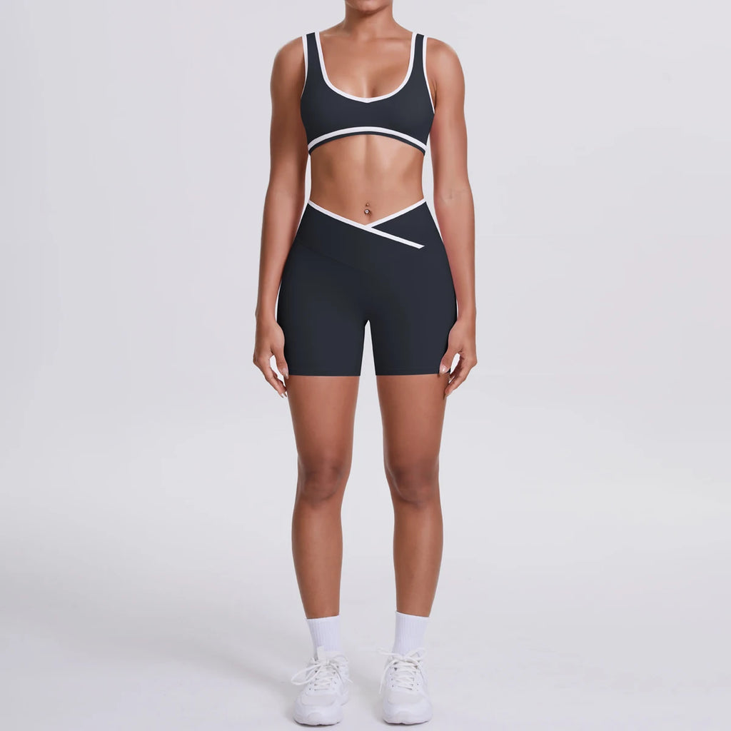 New Yoga Bra Fitness Shorts Set - High Waist Crossover Design