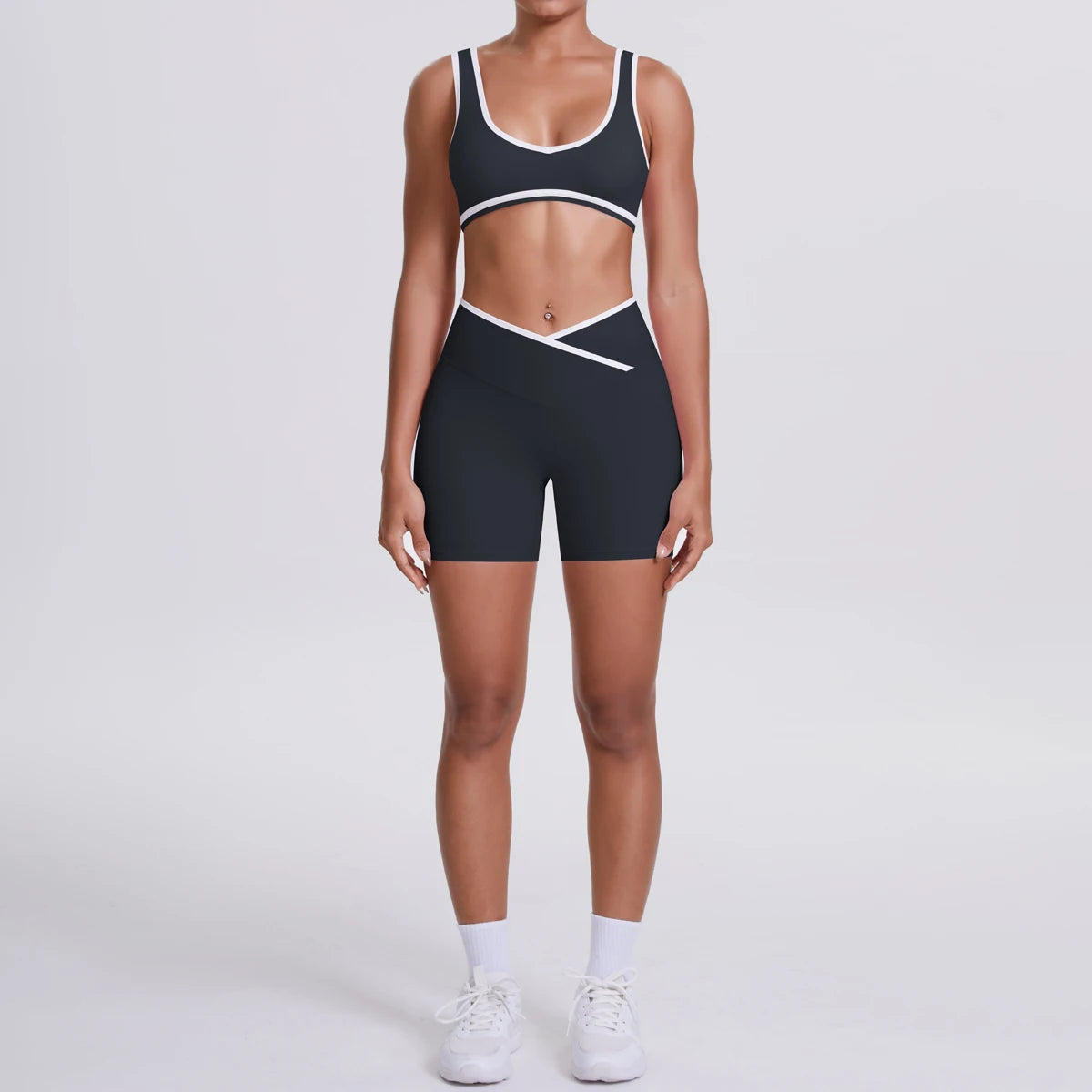 New Yoga Bra Fitness Shorts Set - High Waist Crossover Design