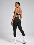 2Pcs Contrast Trim Yoga Outfit - Spaghetti Strap Sports Bra High Waist Leggings