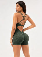 Green Leopard Print Cross Back Jumpsuit - Ruched Butt Lifter Shorts Bodysuit