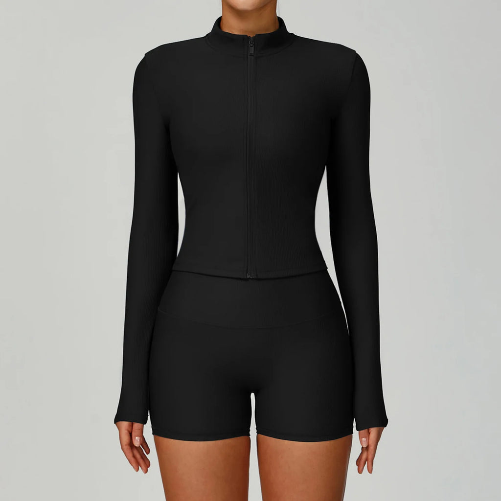 Threaded Stand Collar Slim Fit Yoga Jacket - Slimming Outdoor Windproof Top