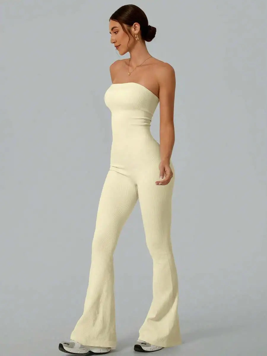 Solid Color Seamless Tube Top Bodysuit - Slimming Jumpsuit Stretch Flare Pants