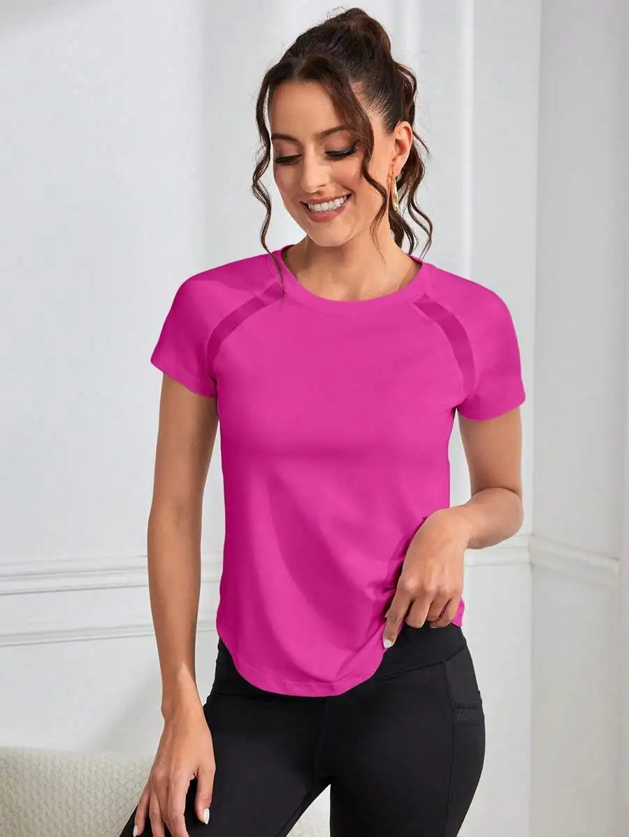 Solid Color Round Neck Short Sleeve Raglan T-Shirt Breathable Gym Top