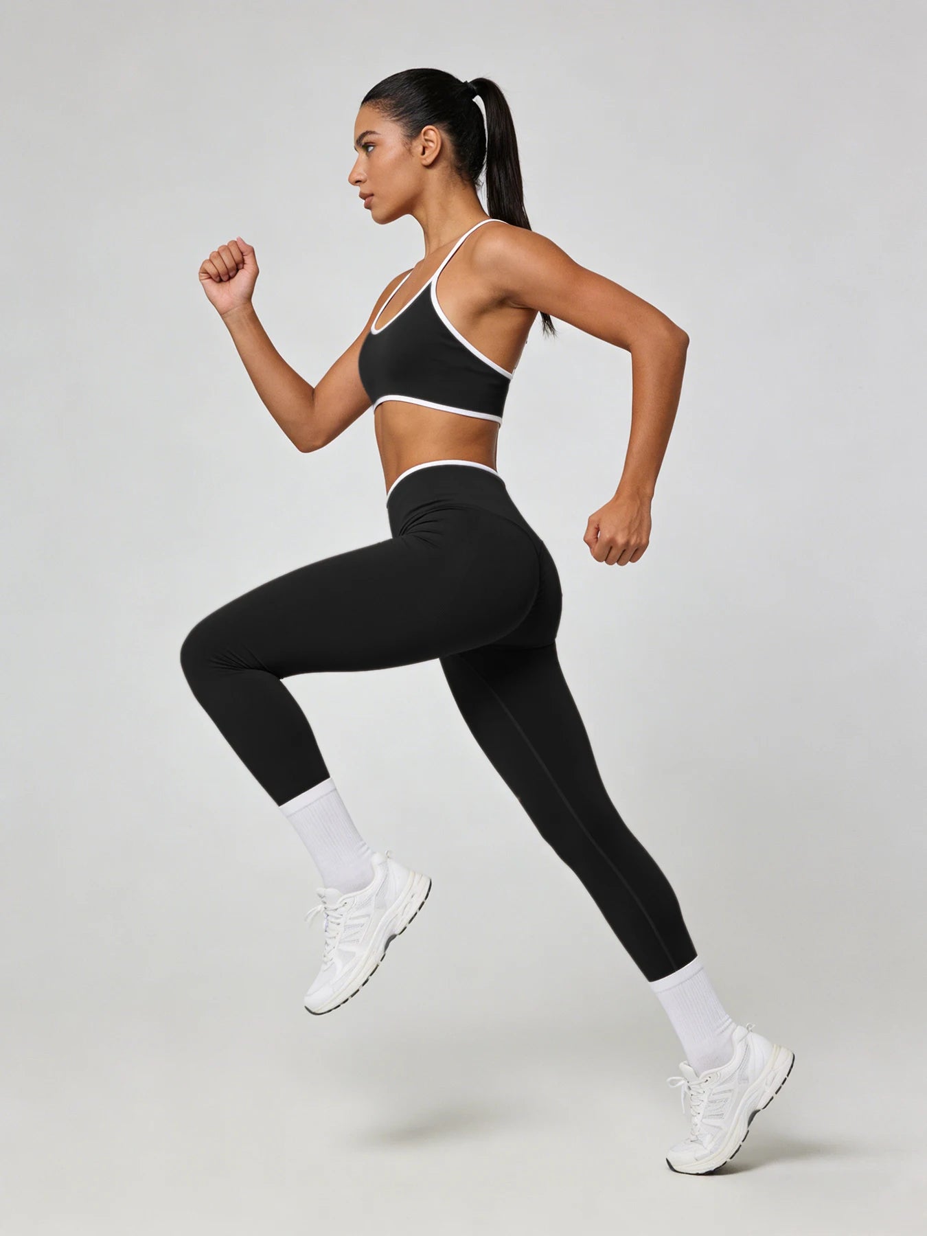 2Pcs Contrast Trim Yoga Outfit - Spaghetti Strap Sports Bra High Waist Leggings