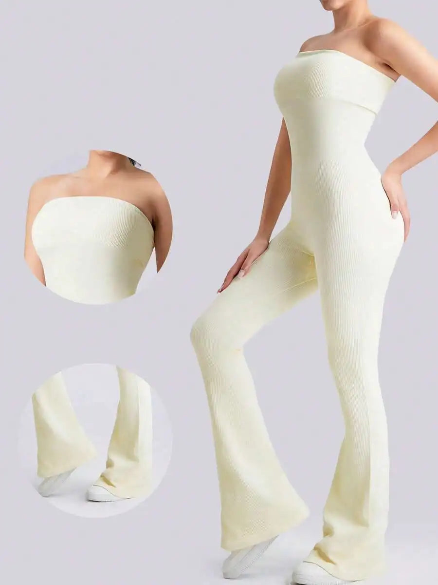 Solid Color Seamless Tube Top Bodysuit - Slimming Jumpsuit Stretch Flare Pants