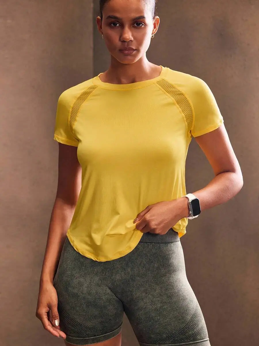 Solid Color Round Neck Short Sleeve Raglan T-Shirt Breathable Gym Top