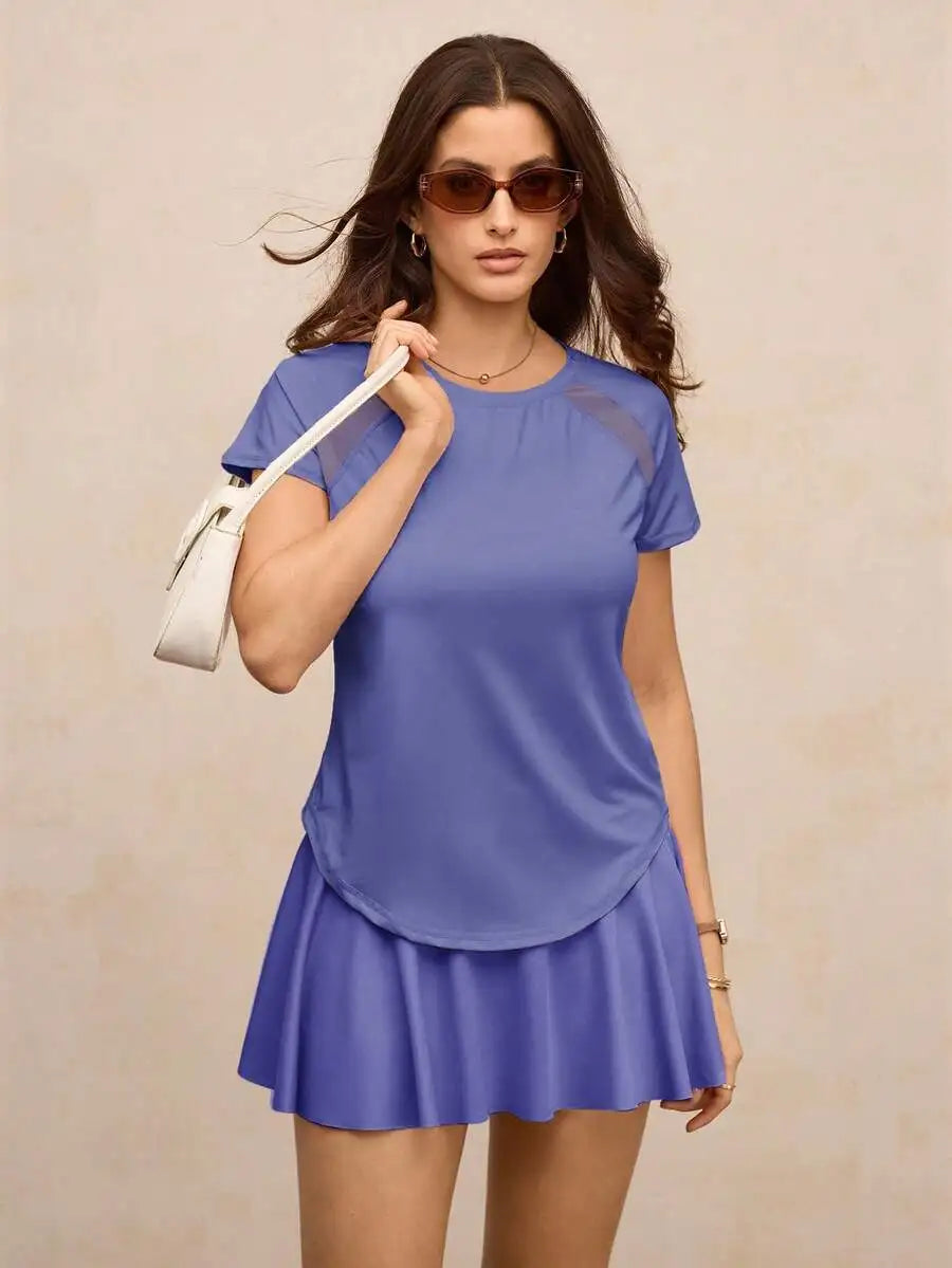 Solid Color Round Neck Short Sleeve Raglan T-Shirt Breathable Gym Top
