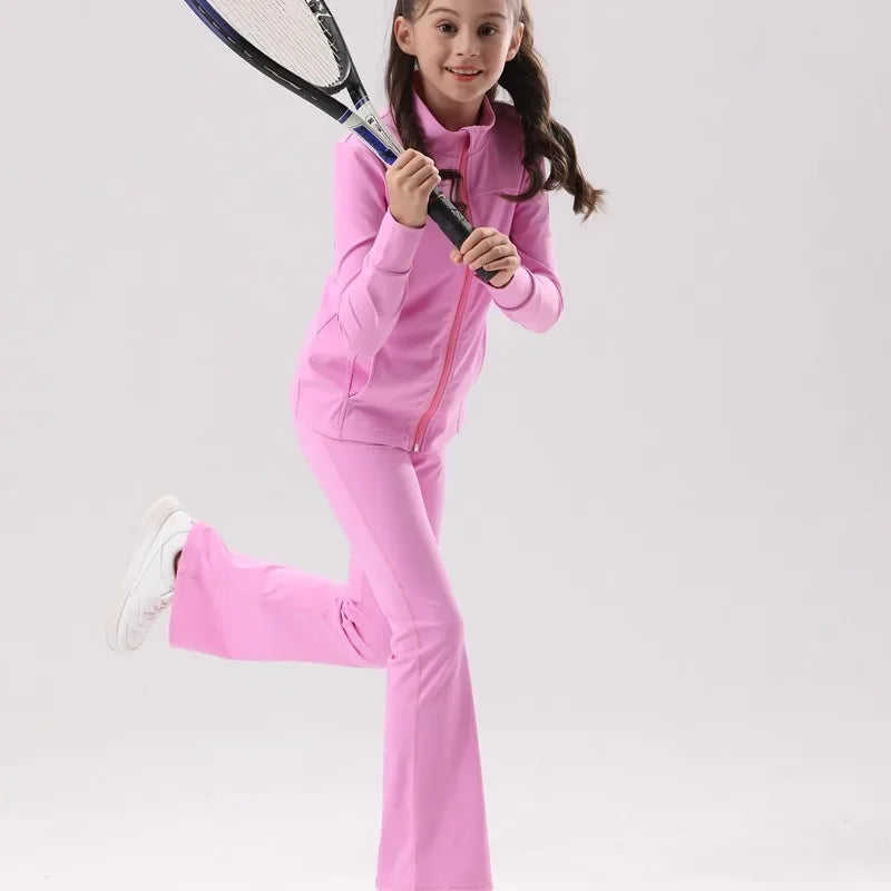 Kids' UV Protection Yoga Set European & American Style Long Sleeve Workout Outfit - Breathable Solid Color Sportswear for Girls