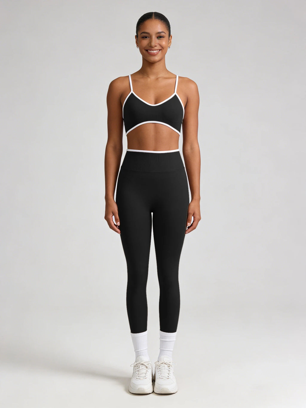 2Pcs Contrast Trim Yoga Outfit - Spaghetti Strap Sports Bra High Waist Leggings