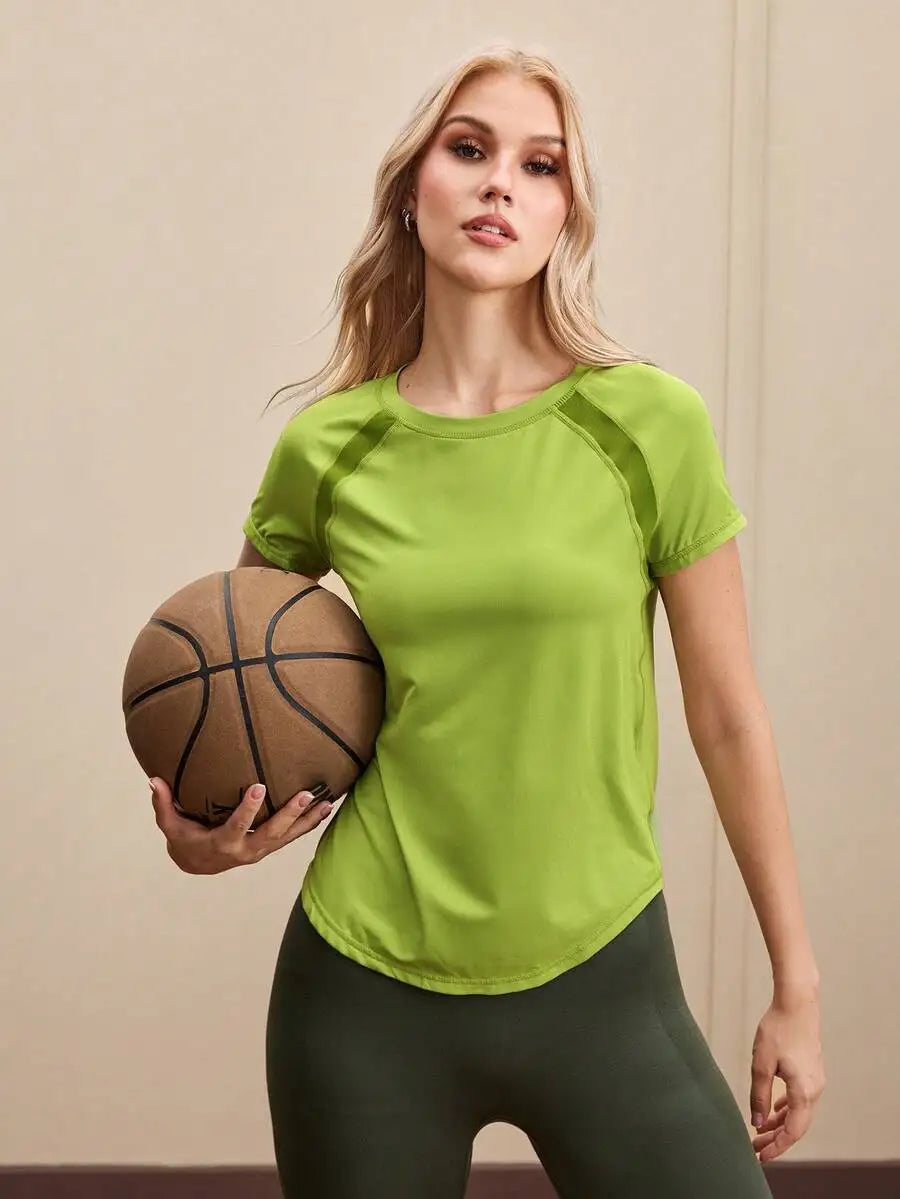 Solid Color Round Neck Short Sleeve Raglan T-Shirt Breathable Gym Top
