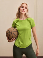 Solid Color Round Neck Short Sleeve Raglan T-Shirt Breathable Gym Top