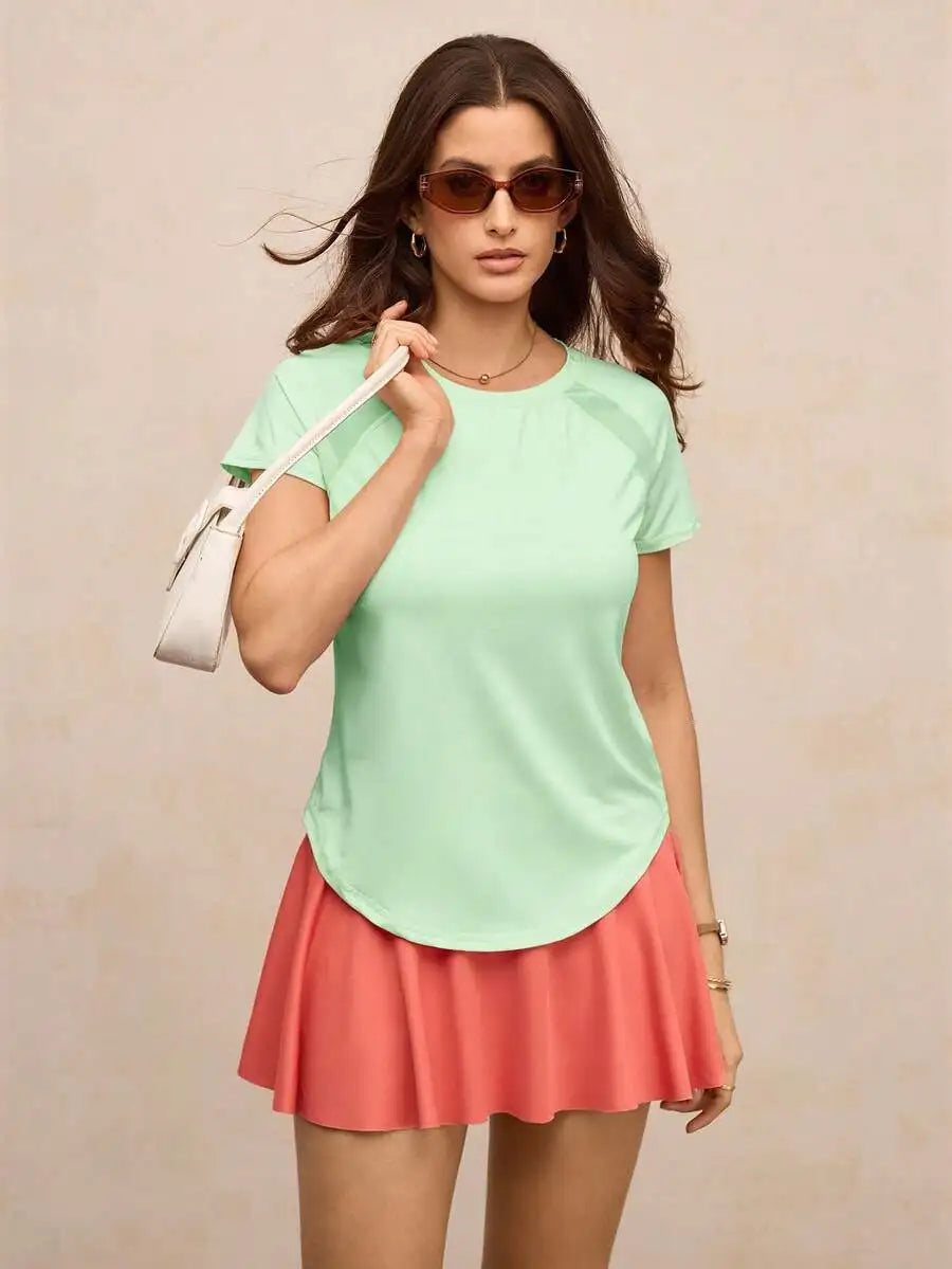 Solid Color Round Neck Short Sleeve Raglan T-Shirt Breathable Gym Top