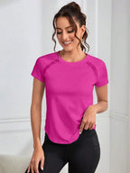 Solid Color Round Neck Short Sleeve Raglan T-Shirt Breathable Gym Top