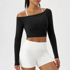 Long Sleeve T-Shirt for Women - Off Shoulder, Sexy Tight Gym Workout Top