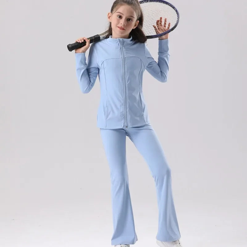 Kids' UV Protection Yoga Set European & American Style Long Sleeve Workout Outfit - Breathable Solid Color Sportswear for Girls