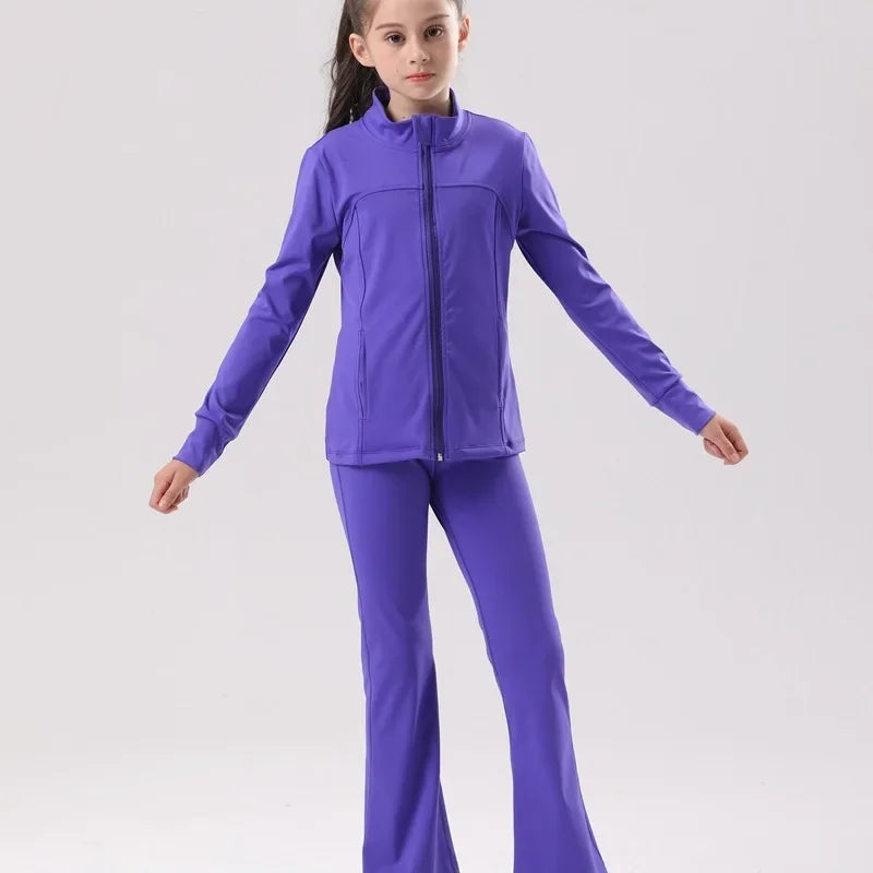Kids' UV Protection Yoga Set European & American Style Long Sleeve Workout Outfit - Breathable Solid Color Sportswear for Girls