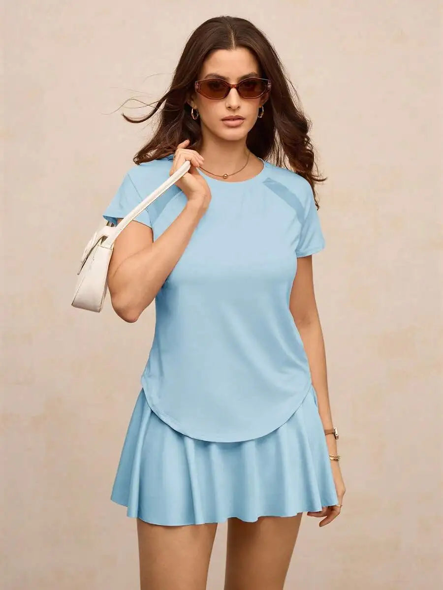 Solid Color Round Neck Short Sleeve Raglan T-Shirt Breathable Gym Top