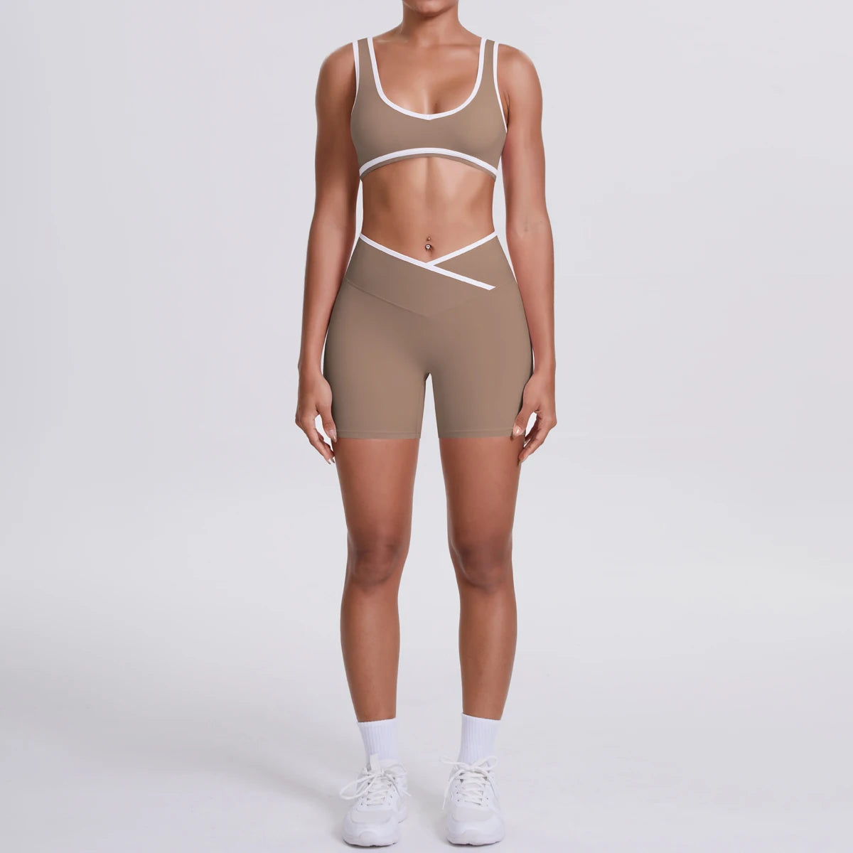 New Yoga Bra Fitness Shorts Set - High Waist Crossover Design
