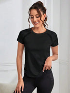 Solid Color Round Neck Short Sleeve Raglan T-Shirt Breathable Gym Top