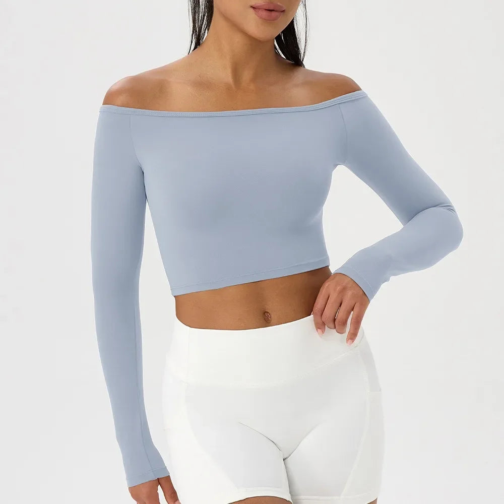 Long Sleeve T-Shirt for Women - Off Shoulder, Sexy Tight Gym Workout Top