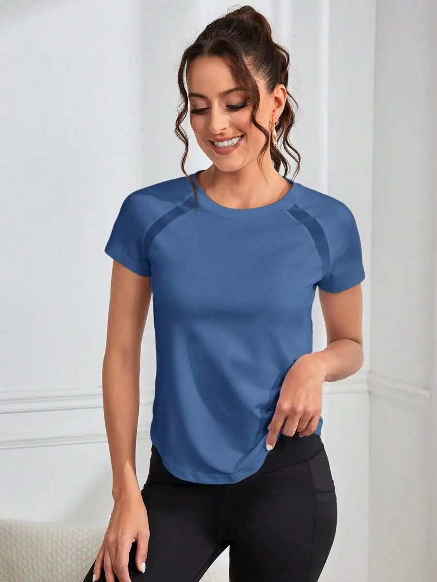 Solid Color Round Neck Short Sleeve Raglan T-Shirt Breathable Gym Top