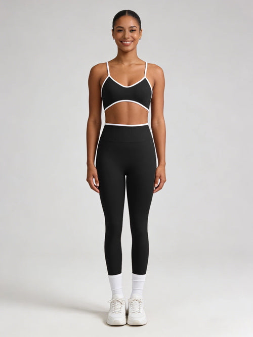 2Pcs Contrast Trim Yoga Outfit - Spaghetti Strap Sports Bra High Waist Leggings