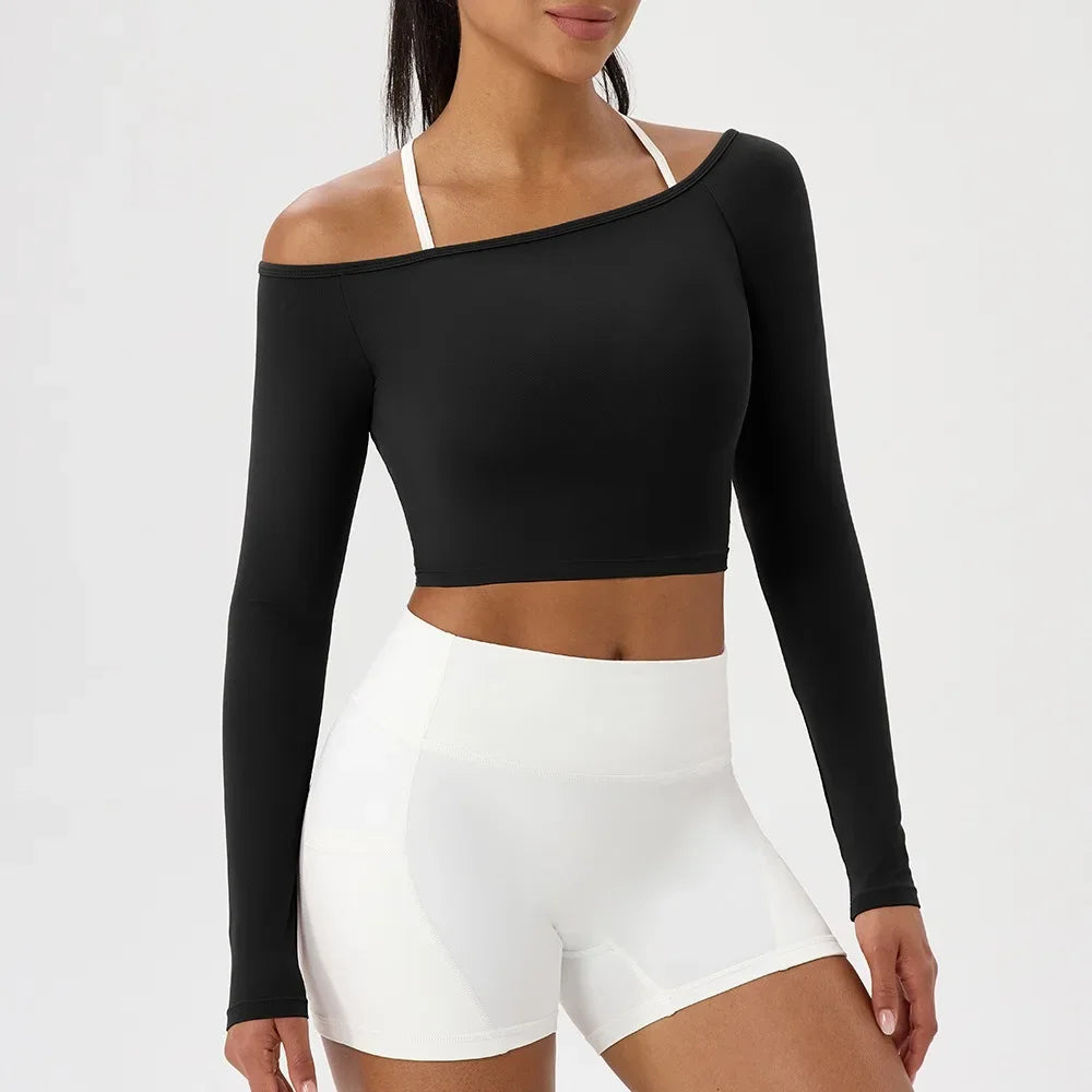 Long Sleeve T-Shirt for Women - Off Shoulder, Sexy Tight Gym Workout Top